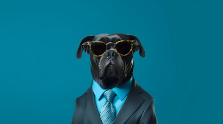 Photo of haughty cane corso using sunglasses  and office suit on white backgroundの素材