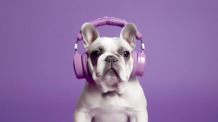 Photo of Bulldog using headphone  on purple backgroundの素材