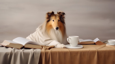 a rough collie dog in a sweater sits studying accompanied by a cup and piles of booksの素材