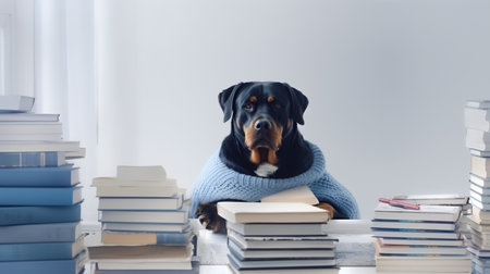 a rottweiler dog in a sweater sits studying accompanied by a cup and piles of booksの素材