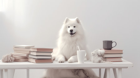 a samoyed dog in a sweater sits studying accompanied by a cup and piles of booksの素材
