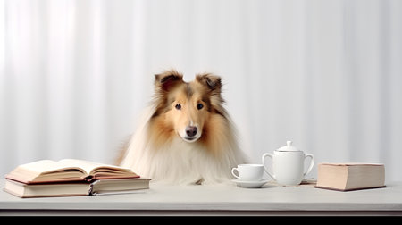 a rough collie dog in a sweater sits studying accompanied by a cup and piles of booksの素材