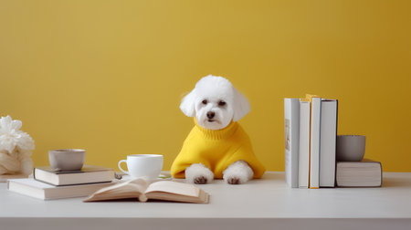 a poodle dog in a yellow clothes sits studying accompanied by a cup and piles of booksの素材