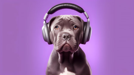 Photo of haughty cane corso using headphone  and office suit on white backgroundの素材