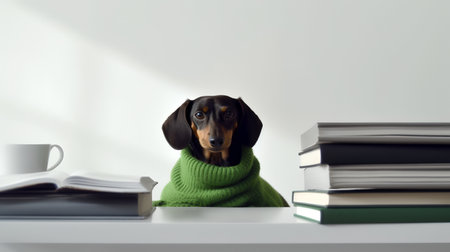 a dachshund dog in a green clothes sits studying accompanied by a cup and piles of booksの素材