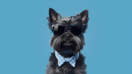Photo of haughty Affenpinscher dog using glasses  and office suit on blue backgroundの素材