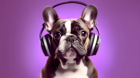 Photo of Bulldog using headphone  on purple backgroundの素材