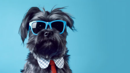 Photo of haughty Affenpinscher dog using glasses  and office suit on blue backgroundの素材