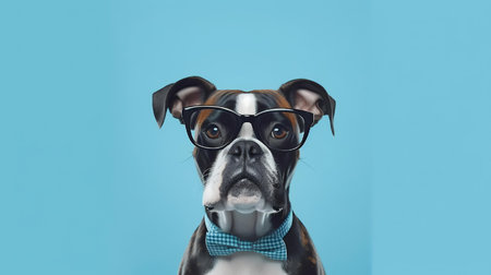 Boxer dog using glasses on blue backgroundの素材