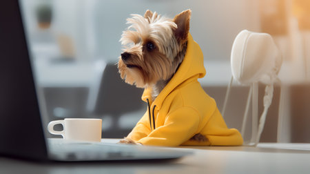 a yorkshire terrier dog in a yellow sweater sits studying accompanied by a cup and piles of booksの素材