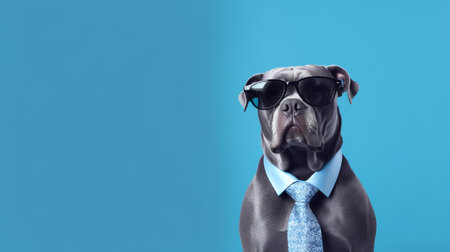 Photo of haughty cane corso using sunglasses  and office suit on white backgroundの素材