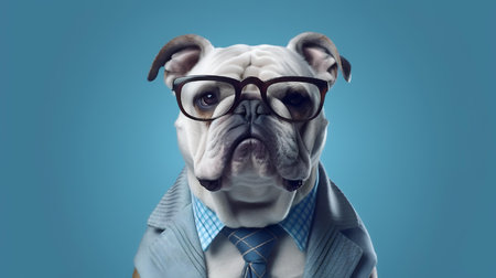 Photo of haughty Bulldog using glasses  and office suit on white backgroundの素材