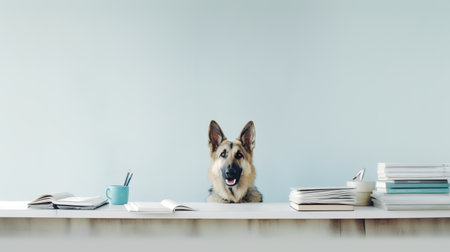 a german shepherd dog in a sweater sits studying accompanied by a cup and piles of booksの素材