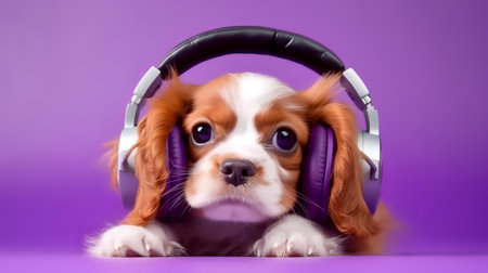 Photo of haughty cavalier using headphone  and office suit on white backgroundの素材