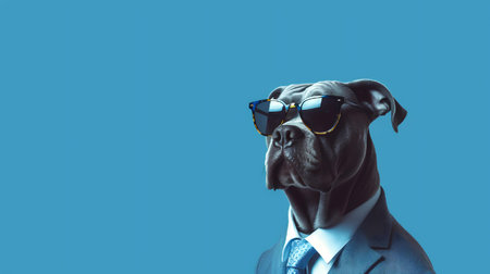 Photo of haughty cane corso using sunglasses  and office suit on white backgroundの素材