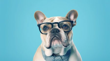 Photo of haughty Bulldog using glasses  and office suit on white backgroundの素材