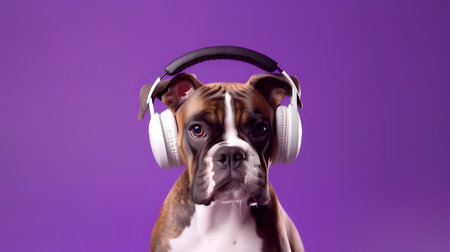 Photo of Boxer using headphone  on purple backgroundの素材
