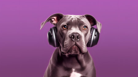 Photo of haughty cane corso using headphone  and office suit on white backgroundの素材
