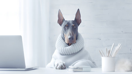 a doberman dog in a sweater sits studying accompanied by a cup and piles of booksの素材