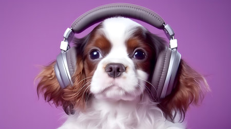Photo of haughty cavalier using headphone  and office suit on white backgroundの素材