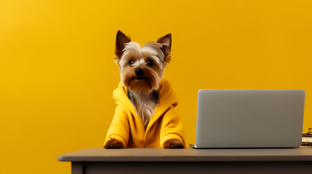 a yorkshire terrier dog in a yellow sweater sits studying accompanied by a cup and piles of booksの素材