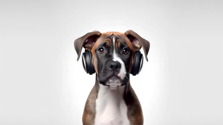 Photo of Boxer using headphone  on purple backgroundの素材
