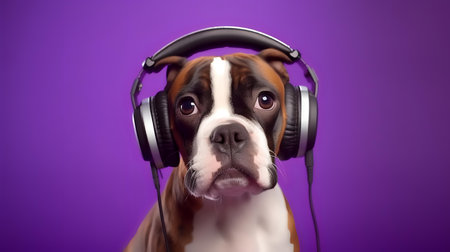 Photo of Boxer using headphone  on purple backgroundの素材