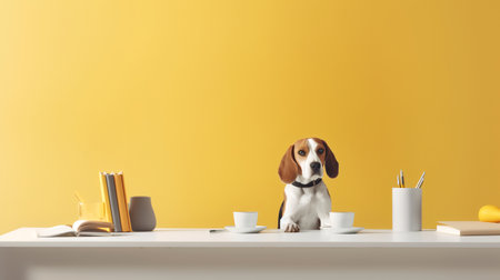 a beagle dog sits studying accompanied by a cup and piles of booksの素材