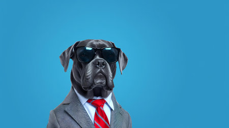 Photo of haughty cane corso using sunglasses  and office suit on white backgroundの素材