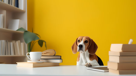 a beagle dog sits studying accompanied by a cup and piles of booksの素材