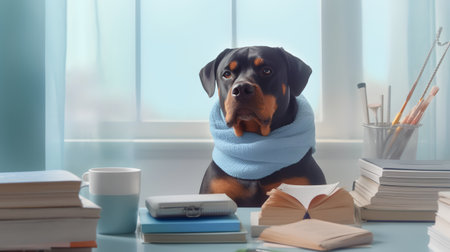 a rottweiler dog in a sweater sits studying accompanied by a cup and piles of booksの素材