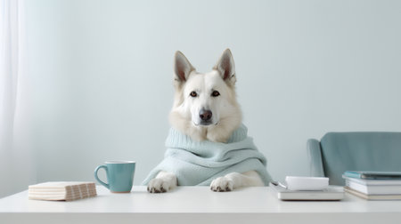 a german shepherd dog in a sweater sits studying accompanied by a cup and piles of booksの素材