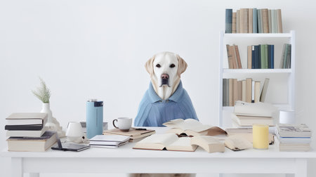 a golden retriever dog in a sweater sits studying accompanied by a cup and piles of booksの素材