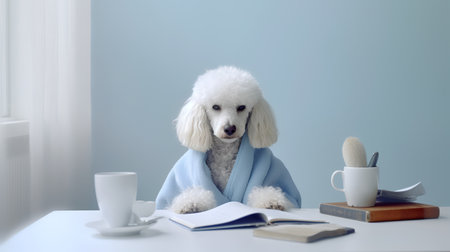 a poodle dog in a sweater sits studying accompanied by a cup and piles of booksの素材