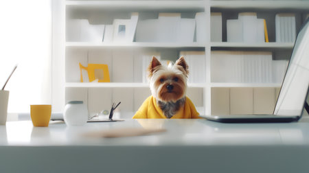 a yorkshire terrier dog in a yellow sweater sits studying accompanied by a cup and piles of booksの素材