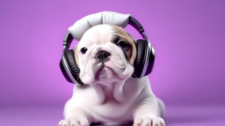 Photo of Bulldog using headphone  on purple backgroundの素材