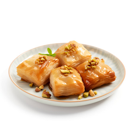 Baklava on plate isolated on white backgroundの素材