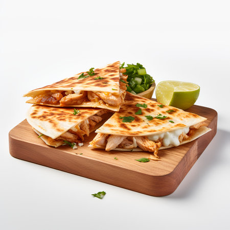 Chicken Quesadilla on wooden board isolated on white backgroundの素材