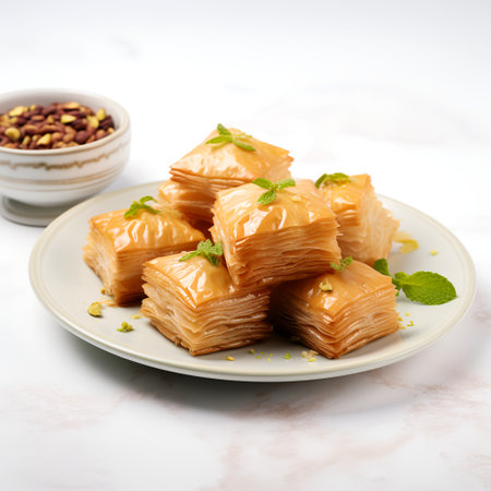 Baklava on plate isolated on white backgroundの素材