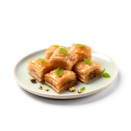 Baklava on plate isolated on white backgroundの素材