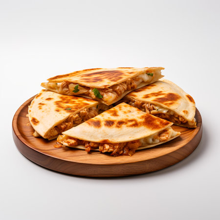 Chicken Quesadilla on wooden board isolated on white backgroundの素材