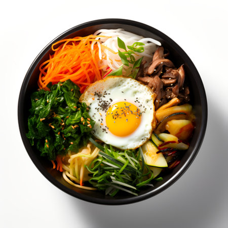Bibimbap on dark bowl isolated on white backgroundの素材
