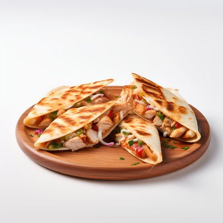 Chicken Quesadilla on wooden board isolated on white backgroundの素材
