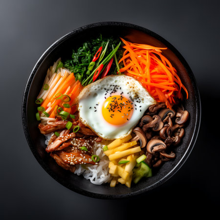 Bibimbap on black bowl isolated on dark backgroundの素材