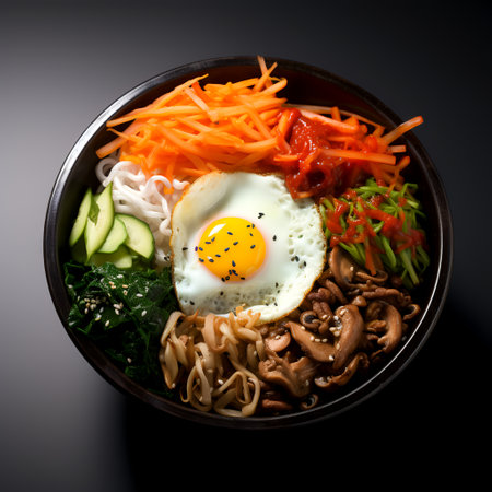 Bibimbap on black bowl isolated on dark backgroundの素材