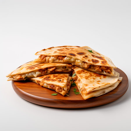 Chicken Quesadilla on wooden board isolated on white backgroundの素材