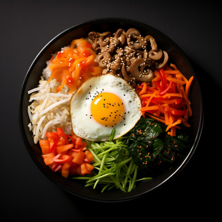 Bibimbap on black bowl isolated on dark backgroundの素材