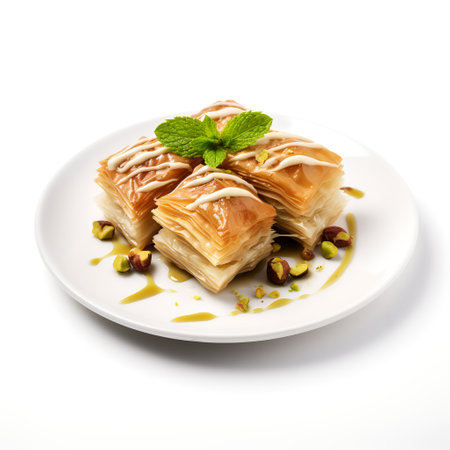 Baklava on plate isolated on white backgroundの素材