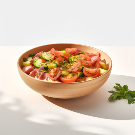 Fatoush on bowl isolated on white backgroundの素材