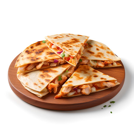 Chicken Quesadilla on wooden board isolated on white backgroundの素材